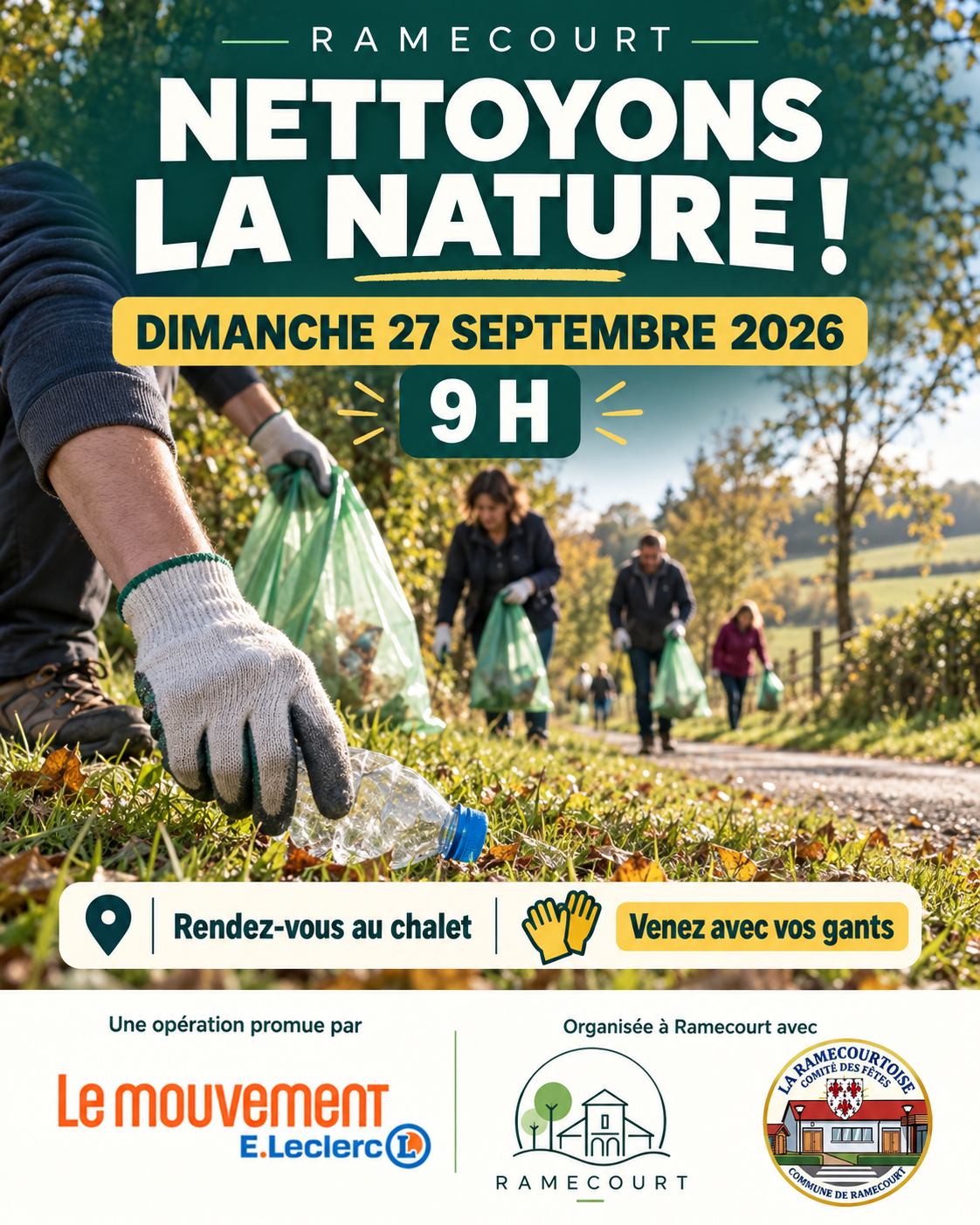 Nettoyons la nature à Ramecourt, dimanche 27 septembre 2026 à 9 h au chalet. Venez avec vos gants.